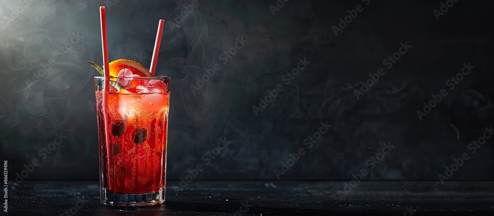 Poster cold summer drink with straws against a black backdrop and a copy space image.