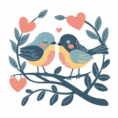 Two Loving Birds Sharing a Tender Moment on a Floral Branch - Ideal for Valentine's Day - Generative ai