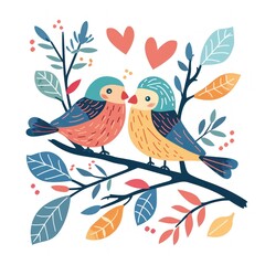 Obraz premium Two Loving Birds Sharing a Tender Moment on a Floral Branch - Ideal for Valentine's Day - Generative ai