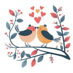 Two Loving Birds Sharing a Tender Moment on a Floral Branch - Ideal for Valentine's Day - Generative ai