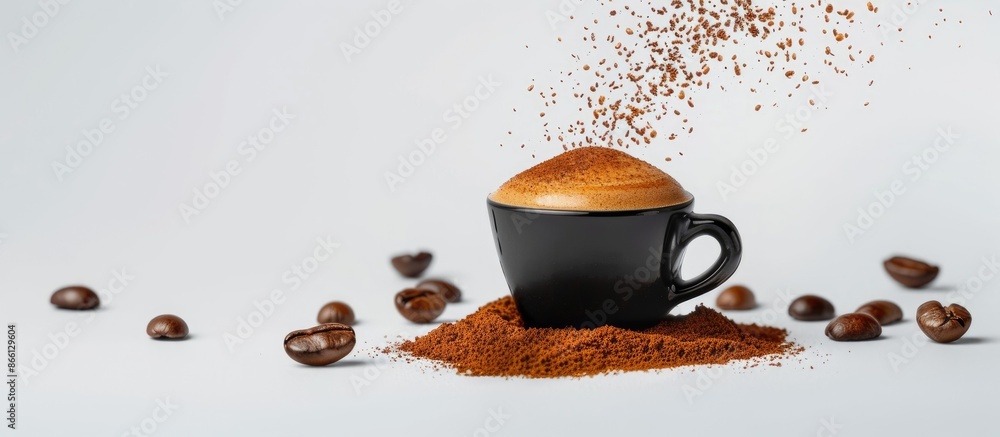 Poster An espresso coffee capsule is the main focus of the composition against a white backdrop, creating room for additional content in the image.