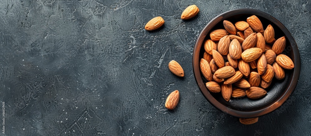 Poster almonds in a dark wooden bowl on a slate table for healthy diet concept with available copy space im