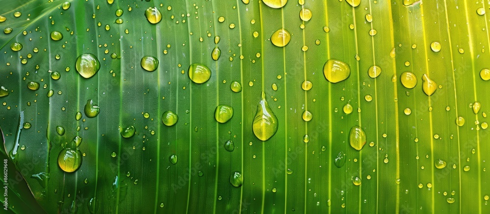 Poster Beautiful morning water drop on banana leaf pattern with a textured background, perfect for adding text with copy space image.