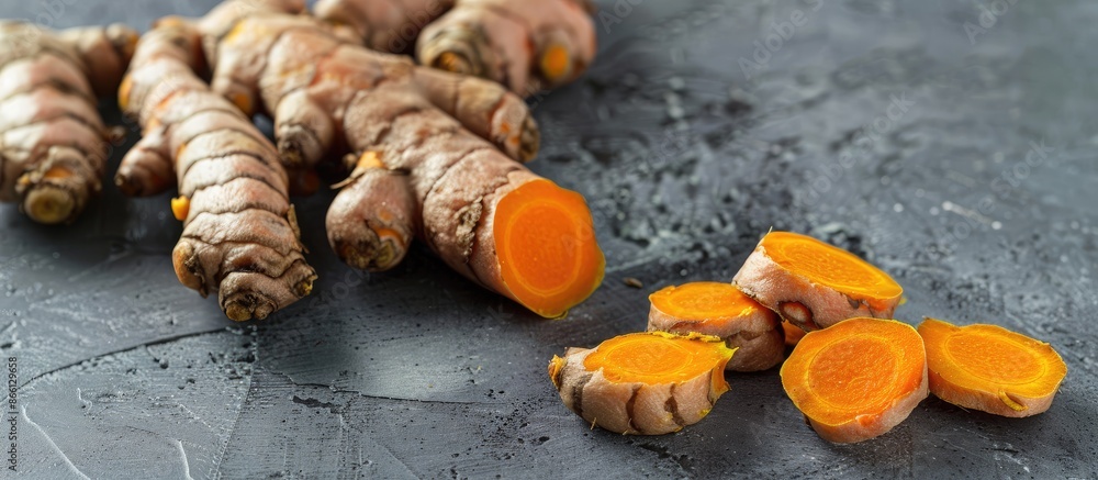 Poster closeup of whole and sliced turmeric roots on a grey table with copy space image available.