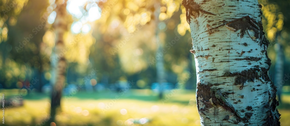 Poster Birch tree trunk with a park in the background creating a copy space image.