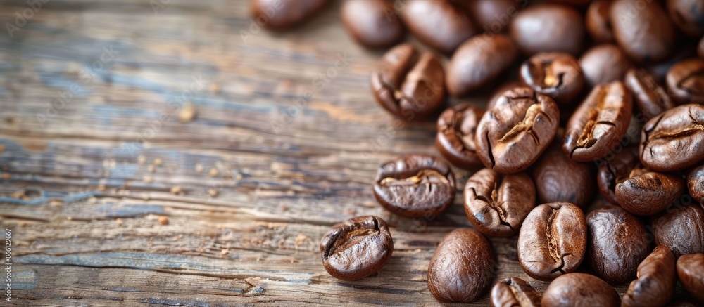 Poster close-up image of roasted coffee beans with scattered ones on a wooden surface in a copy space image