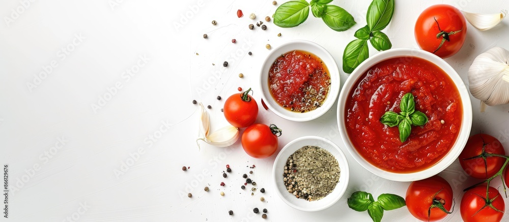 Aufkleber An image of gazpacho soup in a crock pot with ingredients, isolated on a white background, offering space for text or graphics. image with copy space