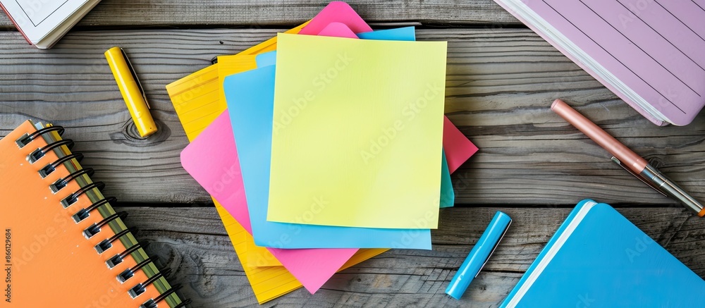 Poster Close-up of blank post-it note on a notebook with copy space image surrounded by other notebooks on a wooden background for a business idea concept.