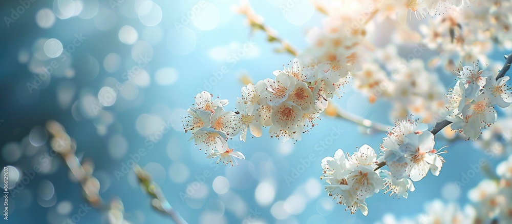 Aufkleber apricot tree branches with delicate flowers set against a blue sky make for an impressive spring blo