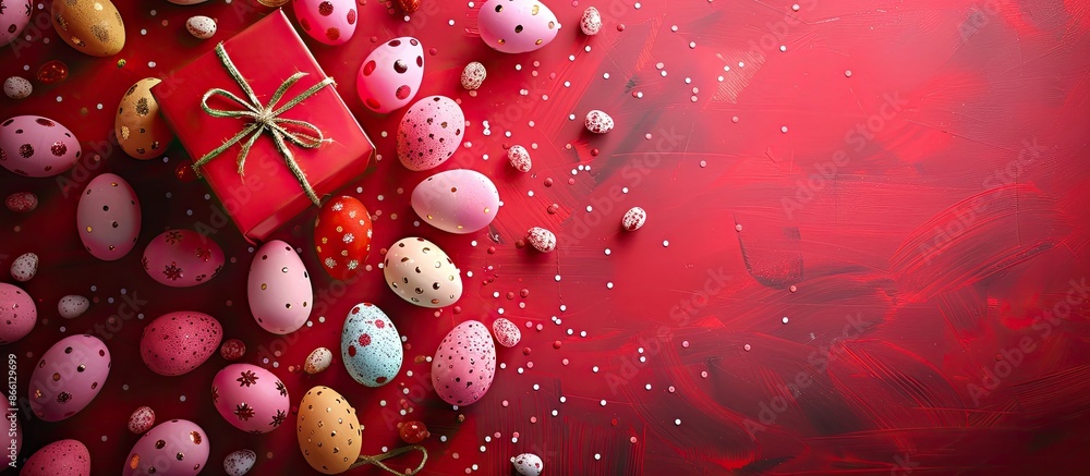 Poster easter eggs presented on a vibrant red background with a gift box, creating an easter-themed copy sp