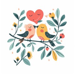 Two Cute Birds Sharing a Tender Moment on a Floral Branch, Perfect for Valentine's Day - Generative ai