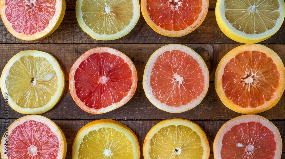 Poster top view of cut lemon and grapefruit slices in a symmetrical pattern on a wooden table, forming a br
