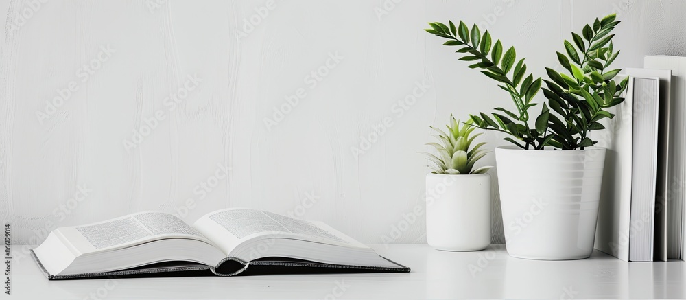 Poster An empty open book rests on a white desk with copy space image.