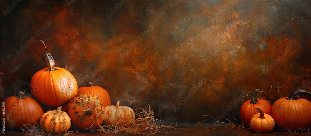 Poster autumn ambiance with pumpkins in orange and beige hues set against a dark backdrop in a horizontal c