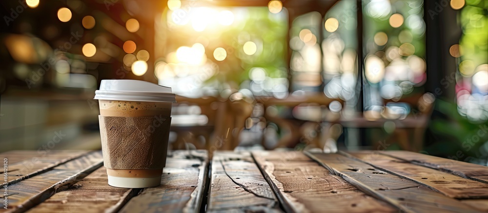 Poster Create your photomontage or display products with a focused shot of an empty brown wooden table against a blurred Coffee shop background with bokeh effects providing copy space.