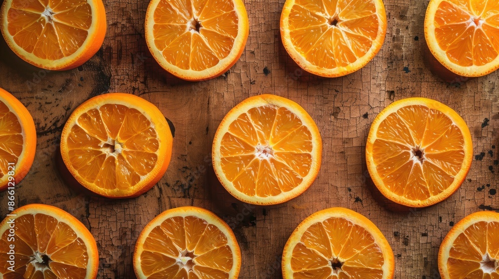 Poster top view of orange slices laid out in a grid pattern on a rustic table, creating a sunny background