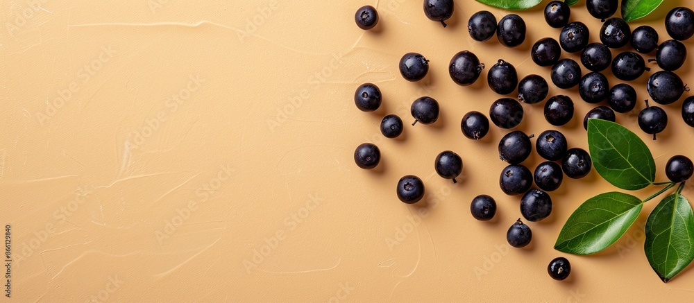 Poster beige background featuring fresh acai berries arranged in a flat lay style, with ample copy space im