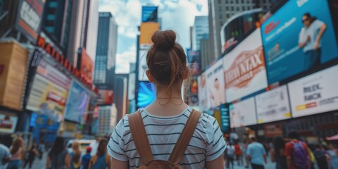 A woman standing in Times Square, looking up at billboards on buildings. The city is bustling around her with people enjoying their time in New York. Travel, solo female travel concept.