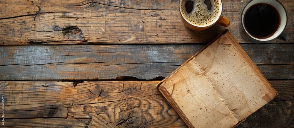 Poster an old wooden background frames a blank book alongside a cup of coffee, with space for additional co