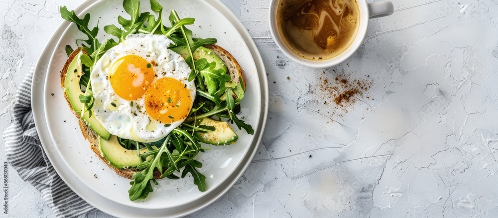 Aufkleber an appetizing vegan breakfast featuring baked avocado with egg and arugula salad on toast displayed 