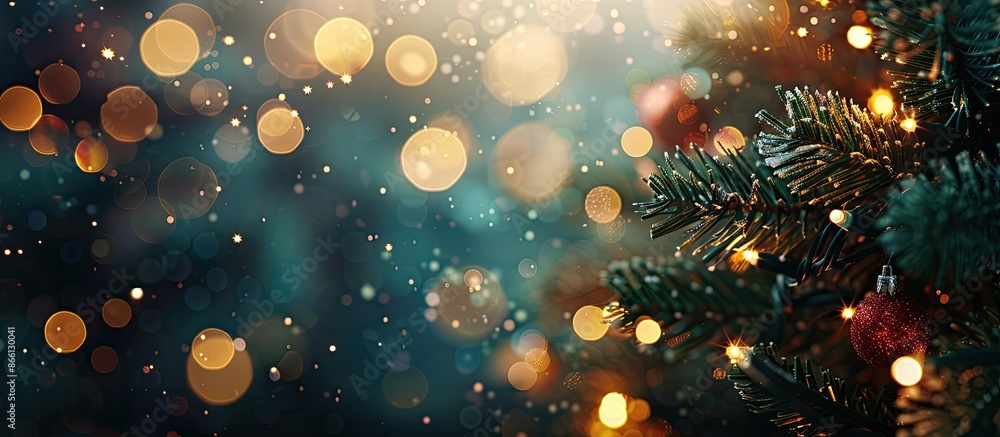 Poster Blurred bokeh lights from a Christmas tree on a dark background create an abstract festive backdrop with ample copy space image for text.