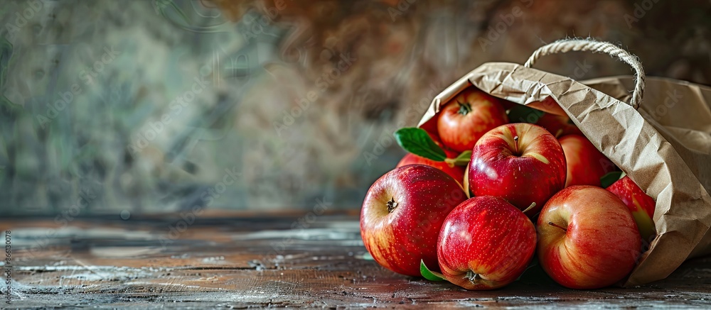 Poster Eco apples in a paper bag on a rustic natural background with copy space image.