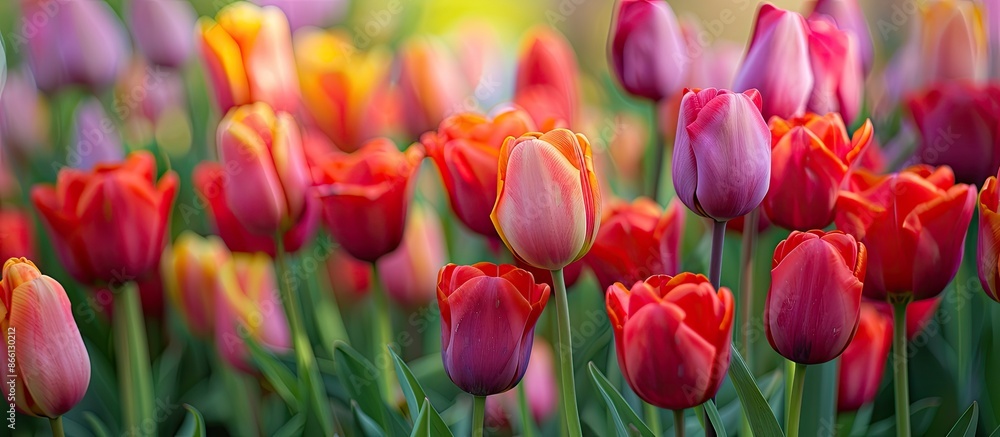 Poster colorful background with a clear area for text, featuring stunning tulips. image with copy space