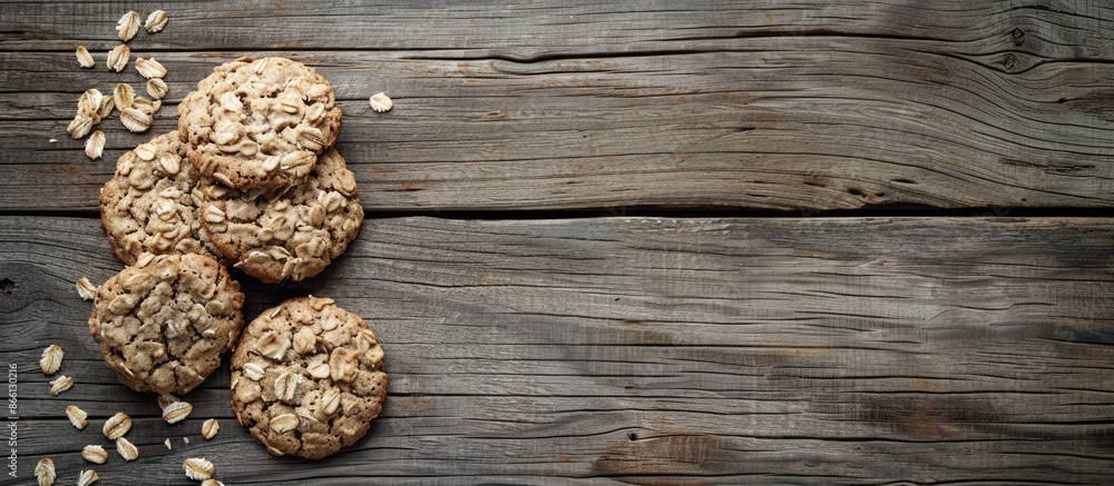 Poster An arrangement of oat cookies placed on a rustic wooden table with open space for adding images. image with copy space