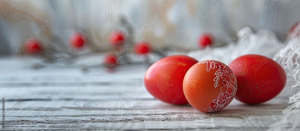 Poster Close-up image of red Easter eggs on white wooden background with lace tape, creating a festive still life with copy space image.