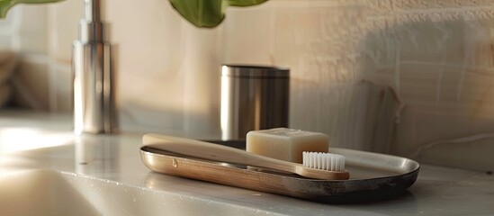Fototapeta premium Eco-friendly bathroom interior displaying bamboo toothbrush, natural soap on dish, and metal cup with copy space image; promoting zero waste and plastic-free lifestyle.