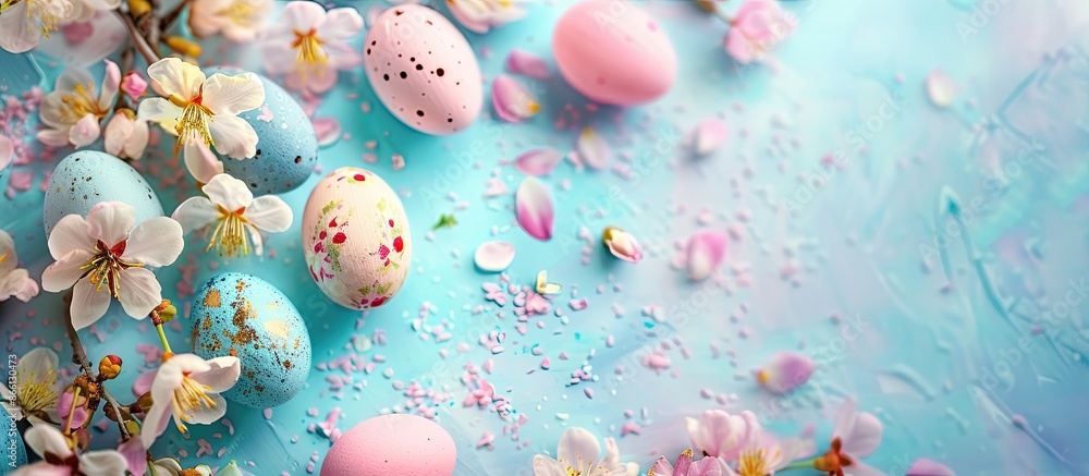 Poster celebrate easter with a festive background filled with colorful eggs, blooming flowers, and ample co