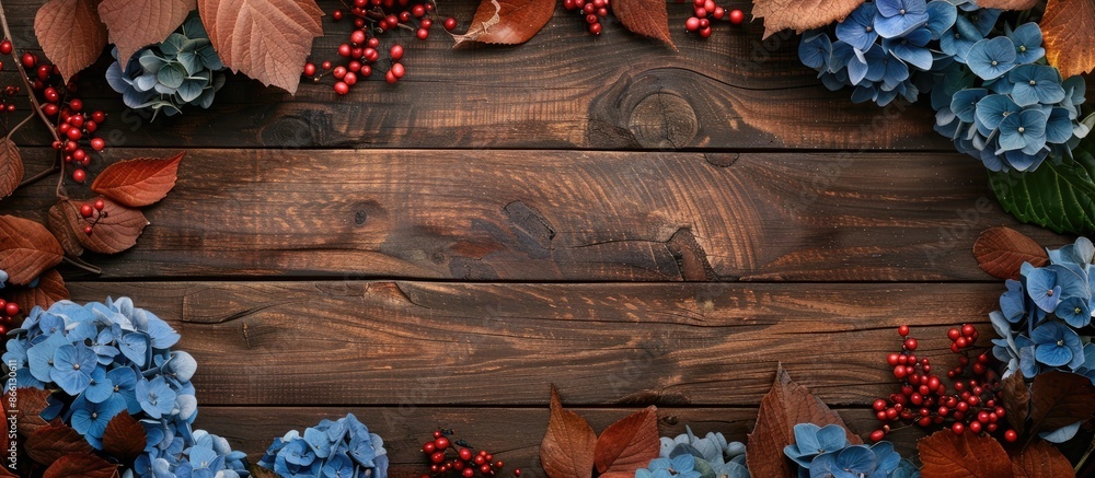 Poster beautifully fall-themed arrangement with blue hydrangea and red mountain ash berries, framing a rust
