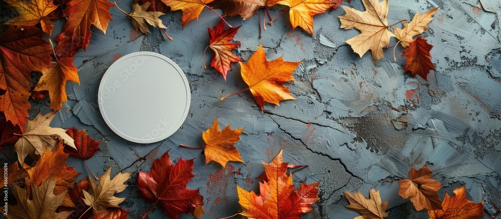 Aufkleber Autumn leaves displayed with a circular empty card set against a textured grey background in a copy space image.