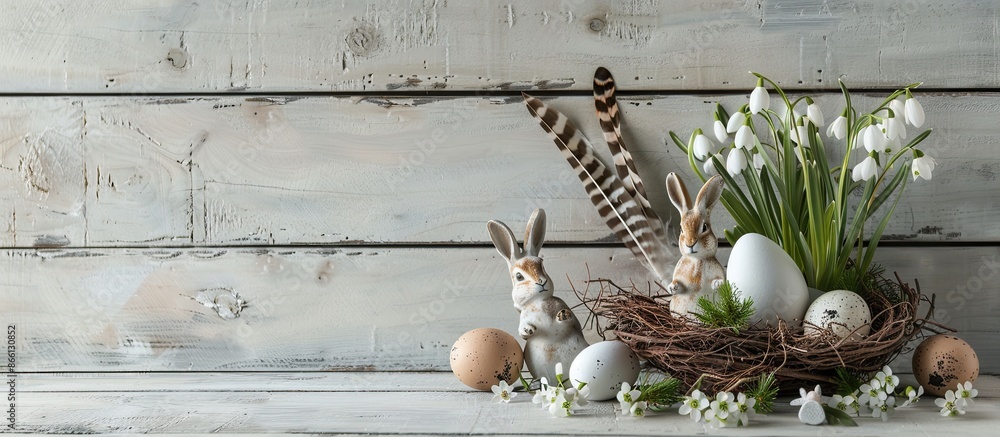 Poster easter-themed rustic still life displaying eggshells, snowdrops, bunny figurines, feathers, and a ne