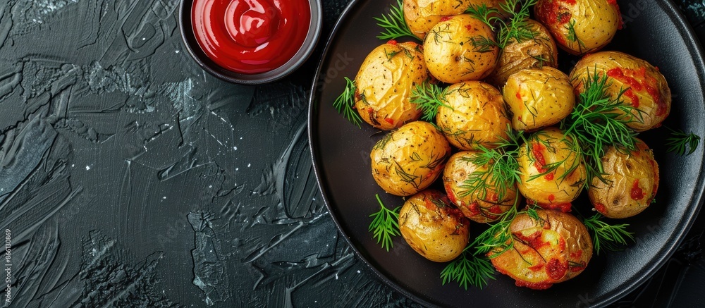 Aufkleber Boiled potatoes adorned with dill and ketchup presented in a top view, flat lay composition with a black background and copy space image.