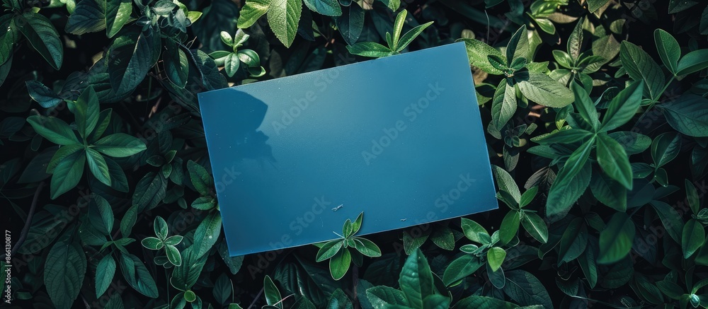 Poster An empty blue paper rests on lush greenery in a natural setting, providing ample space for adding an image.