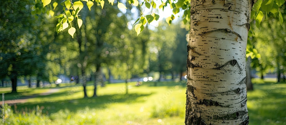 Poster Birch tree trunk with a park in the background creating a copy space image.