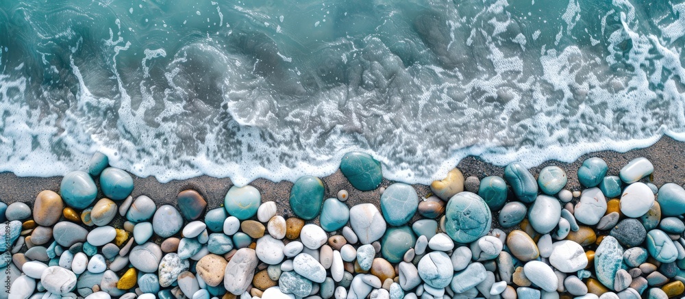 Poster Aerial view of sea pebbles with white copy space image surrounding it.