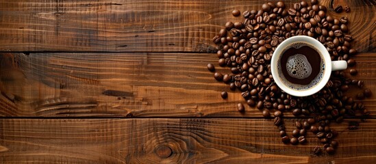 Coffee cup and beans on wooden table provide copy space image.