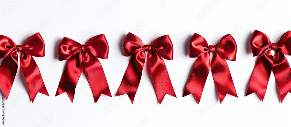 Poster Collection of elegant red satin bows with ribbons on a white backdrop, suitable for use as a copy space image.