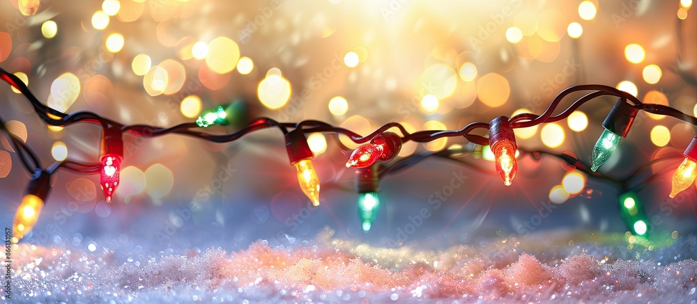 Poster Christmas lights creating a festive atmosphere against a light background with copy space image.