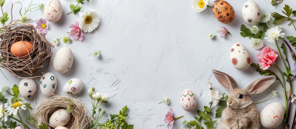 Poster flatlay image of various easter decorations like bunnies, eggs, and flowers on a white rustic table,