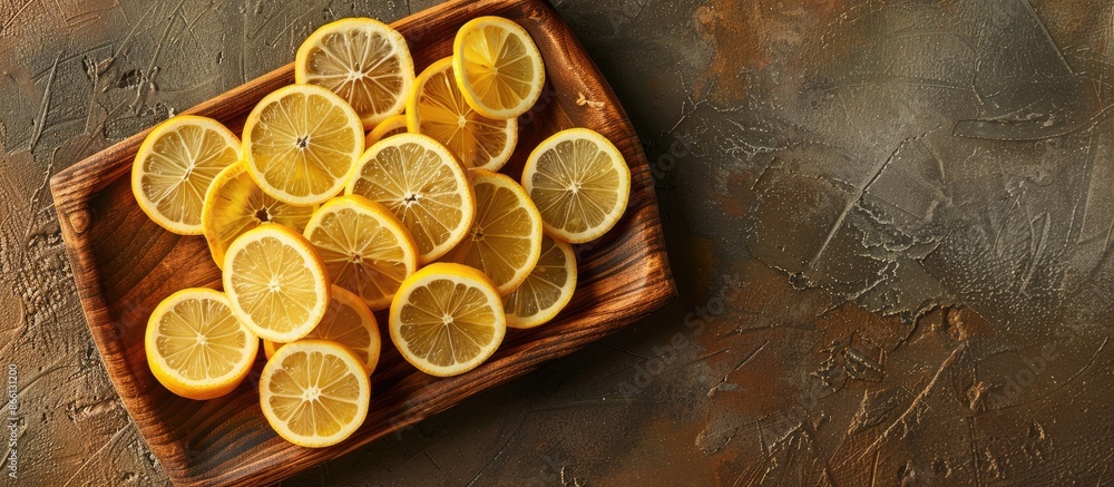 Poster an artistic arrangement of lemon slices on a wooden plate with copy space image available.