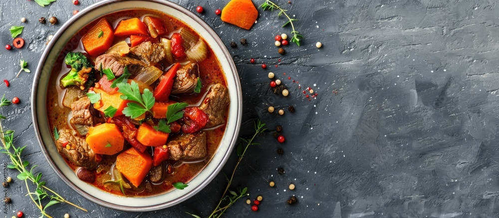 Poster beef stew served in a bowl against a gray backdrop with a blank area for text in the image. image wi