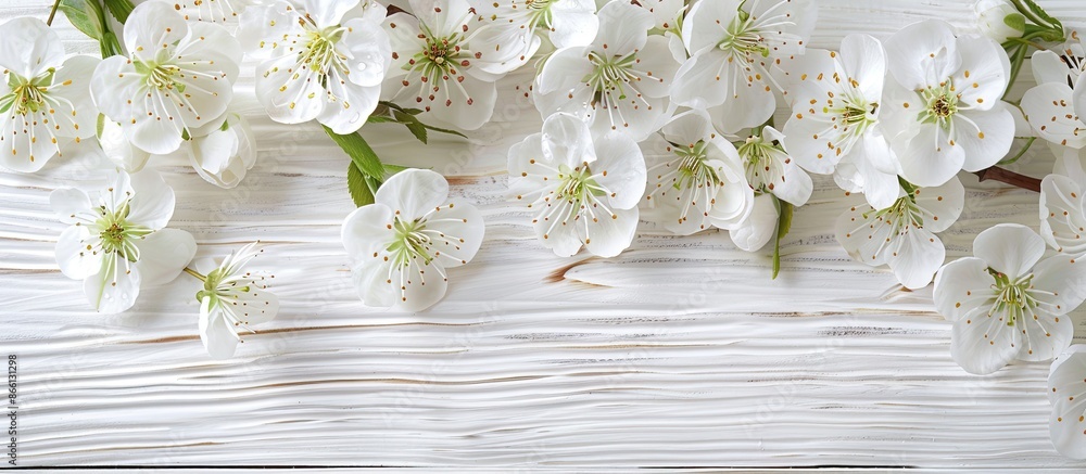 Aufkleber Close-up view of white spring blossom on a white wooden surface with a copy space image, ideal for design with a floral pattern.