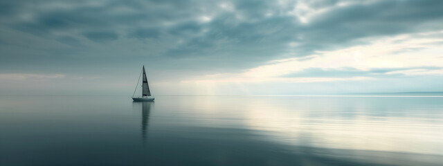 Banner with Tranquil sailboat on calm ocean under dramatic sky