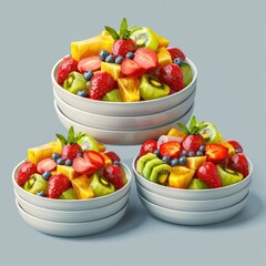 Set of bowls with tasty fruit salads isolated background 3d