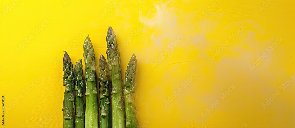 Poster asparagus steaming on a yellow backdrop with top-down copy space.