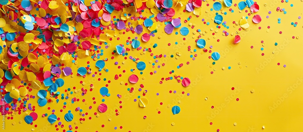 Poster colorful confetti on a yellow surface creates a festive flat lay scene with copy space image.