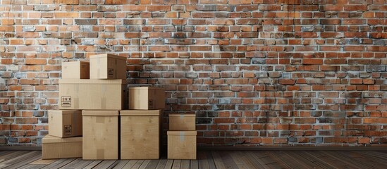 Fototapeta premium Boxes for moving are stacked in an empty room against a brick wall, featuring a copy space image.